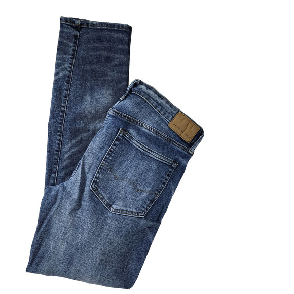 American Eagle Mens Slim Jeans 31X32 Blue Denim AirFlex Distressed Destroyed - Picture 3 of 11